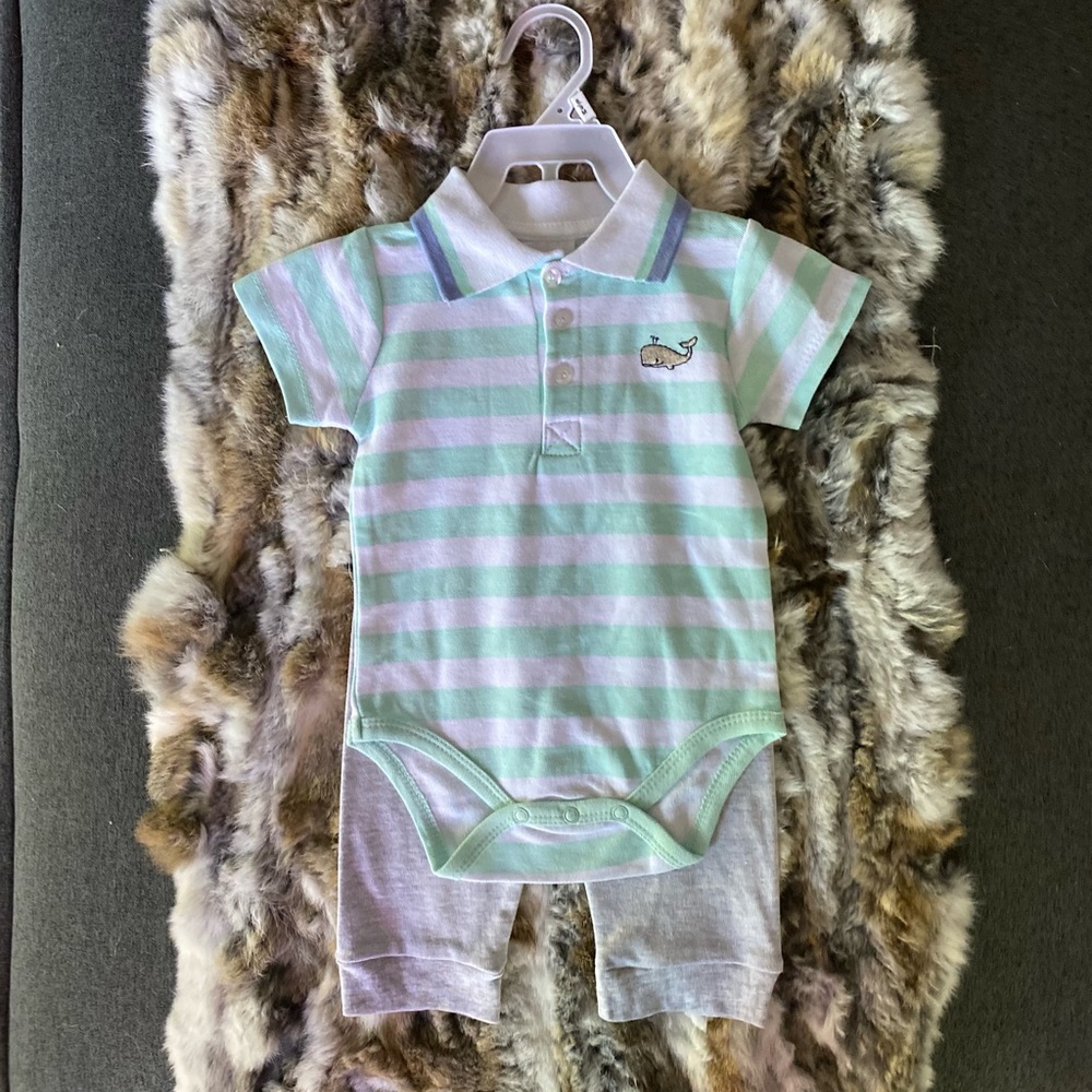 BRAND NEW Lauren Ashley Whale Striped Bodysuit & Pants 6-9 Month